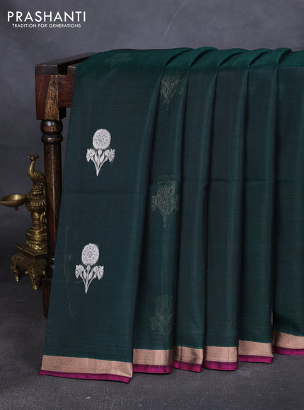 Kora silk cotton saree dark green and pink with silver & gold zari woven floral buttas and zari woven border