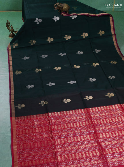 Kora silk cotton saree dark green and pink with silver & gold zari woven floral buttas and zari woven border