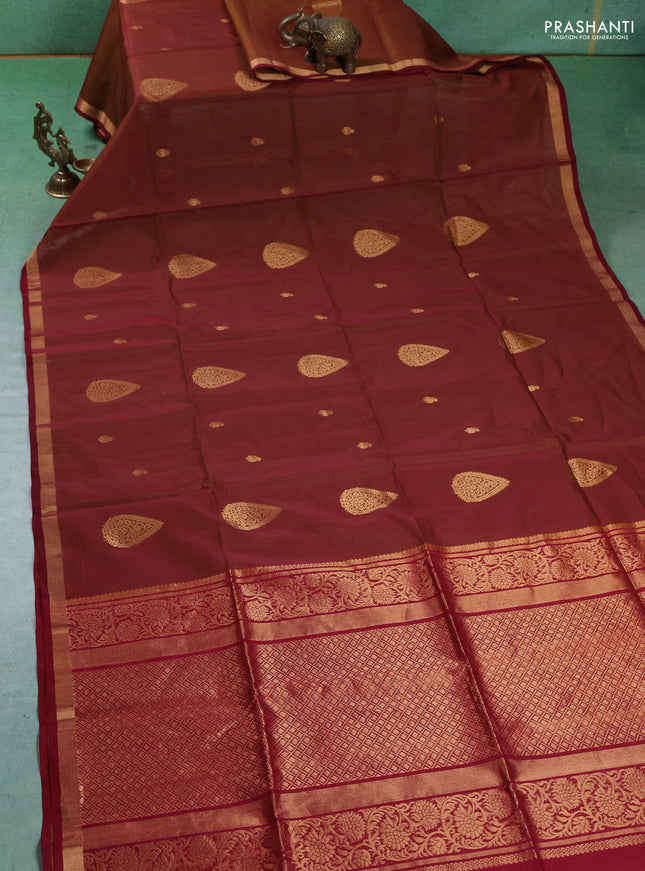 Kora silk cotton saree dual shade of rust and maroon with zari woven buttas and zari woven border
