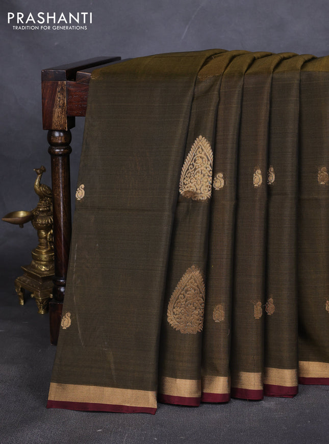 Kora silk cotton saree sap green with zari woven buttas and zari woven border
