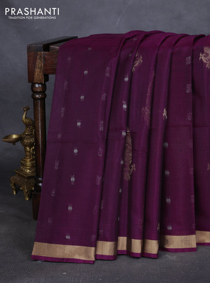 Kora silk cotton saree purple and peacock green with silver zari woven buttas and zari woven border