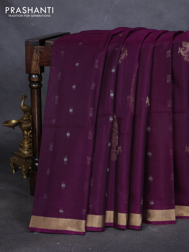 Kora silk cotton saree purple and peacock green with silver zari woven buttas and zari woven border