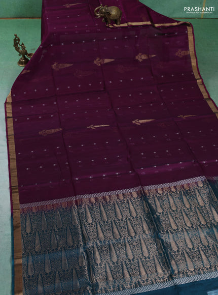 Kora silk cotton saree purple and peacock green with silver zari woven buttas and zari woven border