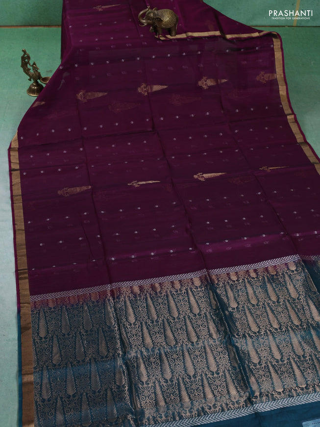 Kora silk cotton saree purple and peacock green with silver zari woven buttas and zari woven border