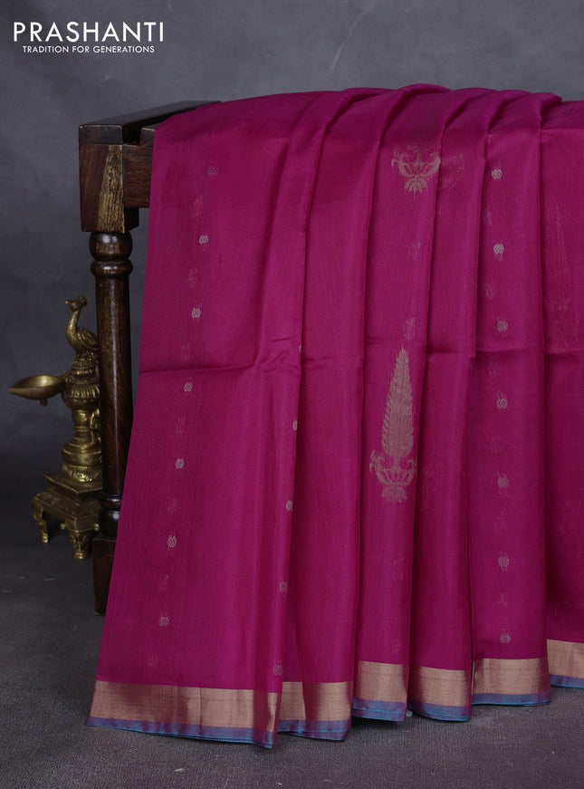 Kora silk cotton saree pink and teal blue with silver zari woven buttas and zari woven border