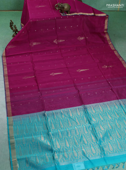 Kora silk cotton saree pink and teal blue with silver zari woven buttas and zari woven border