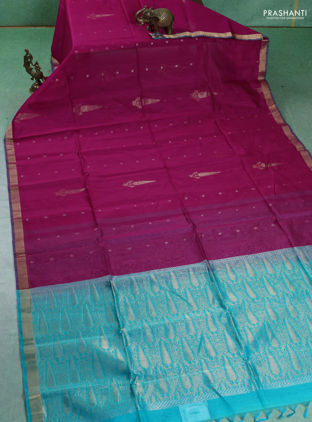 Kora silk cotton saree pink and teal blue with silver zari woven buttas and zari woven border