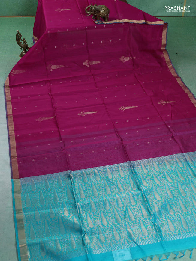 Kora silk cotton saree pink and teal blue with silver zari woven buttas and zari woven border