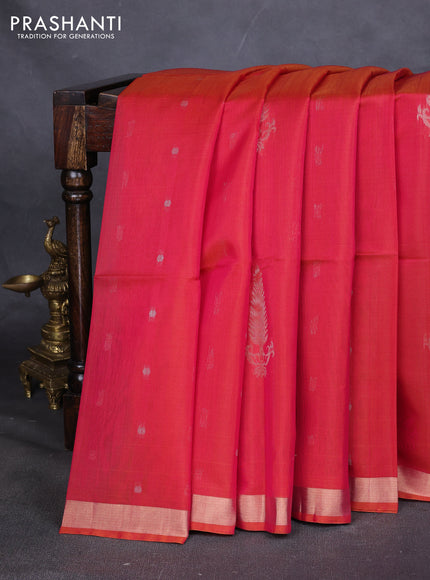 Kora silk cotton saree dual shade of pinkish orange and purple with silver zari woven buttas and zari woven border