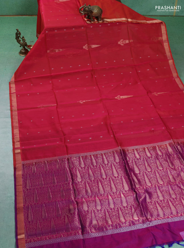 Kora silk cotton saree dual shade of pinkish orange and purple with silver zari woven buttas and zari woven border