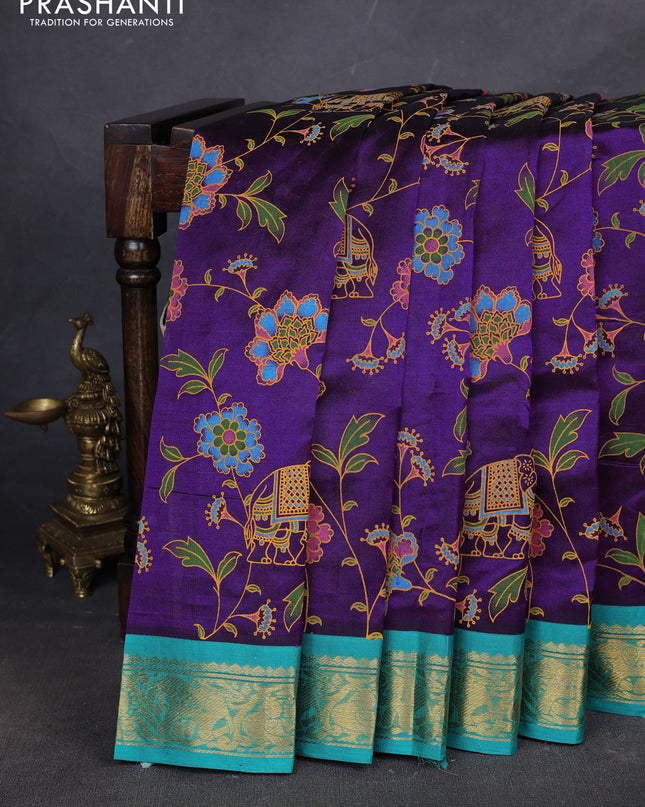 Silk cotton saree purple and teal blue with allover kalamakri prints and zari woven korvai border