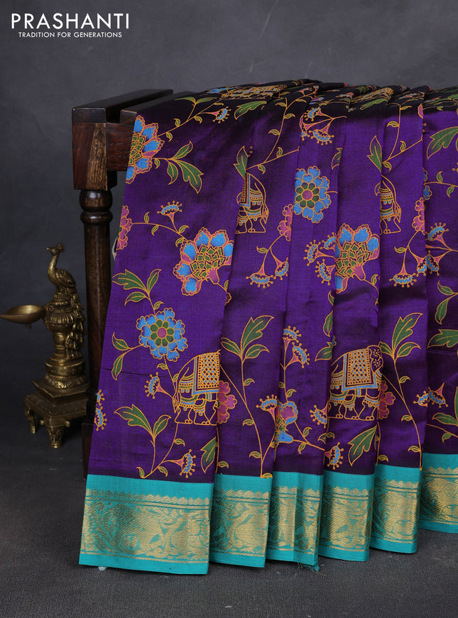 Silk cotton saree purple and teal blue with allover kalamakri prints and zari woven korvai border