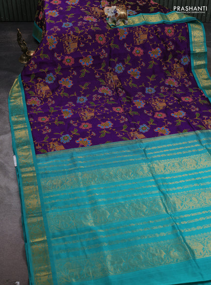 Silk cotton saree purple and teal blue with allover kalamakri prints and zari woven korvai border