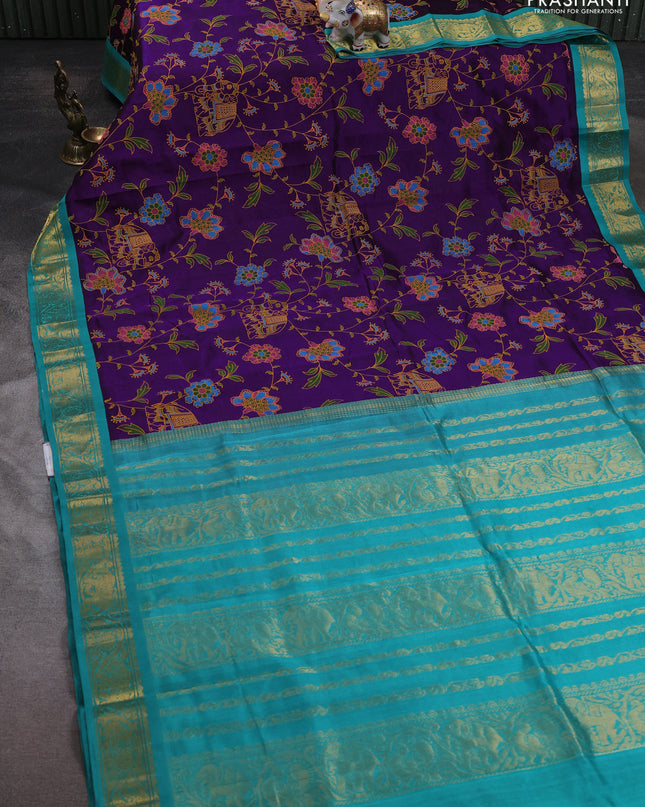 Silk cotton saree purple and teal blue with allover kalamakri prints and zari woven korvai border