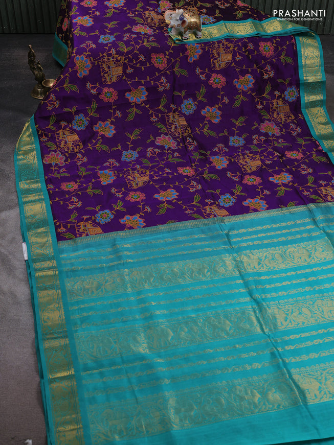 Silk cotton saree purple and teal blue with allover kalamakri prints and zari woven korvai border