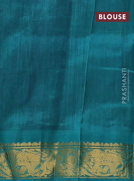 Silk cotton saree purple and teal blue with allover kalamakri prints and zari woven korvai border