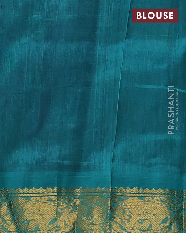 Silk cotton saree purple and teal blue with allover kalamakri prints and zari woven korvai border