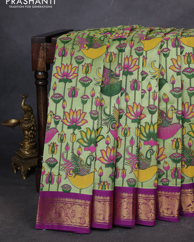 Silk cotton saree pista green and purple with allover kalamakri prints and zari woven korvai border
