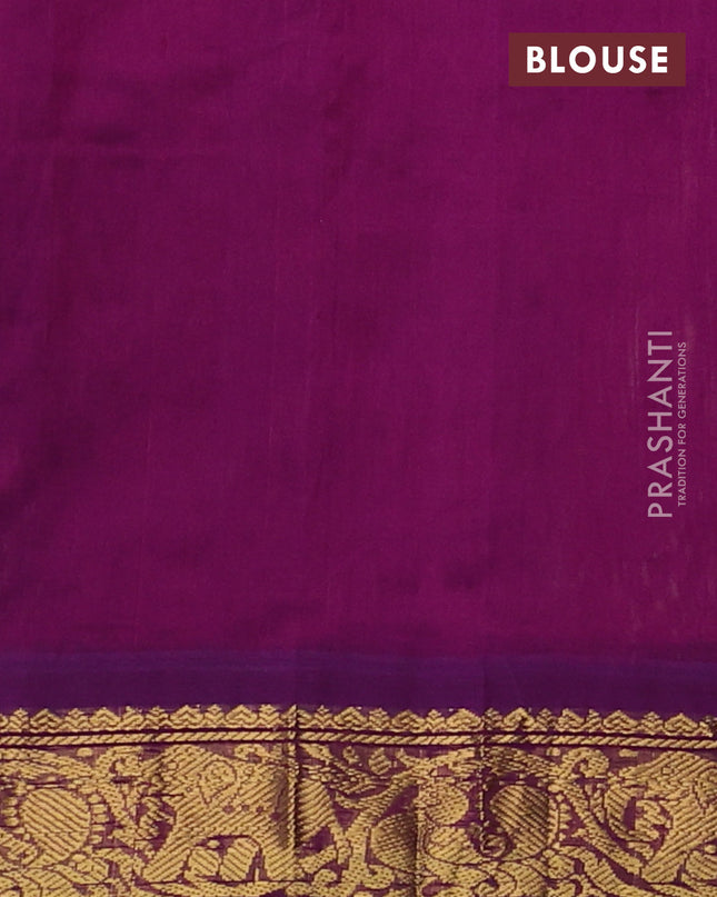 Silk cotton saree pista green and purple with allover kalamakri prints and zari woven korvai border