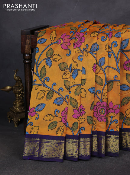 Silk cotton saree mango yellow and blue with allover kalamakri prints and zari woven korvai border