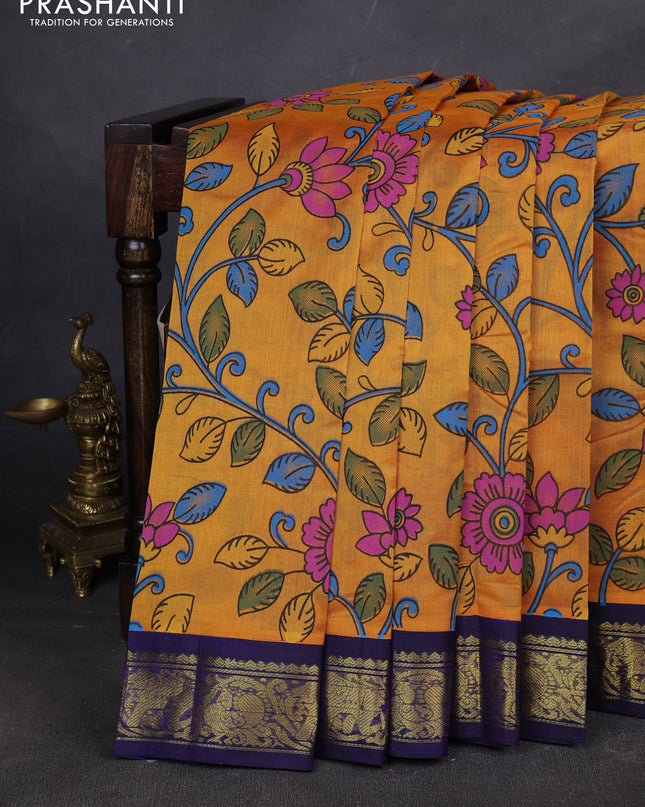 Silk cotton saree mango yellow and blue with allover kalamakri prints and zari woven korvai border