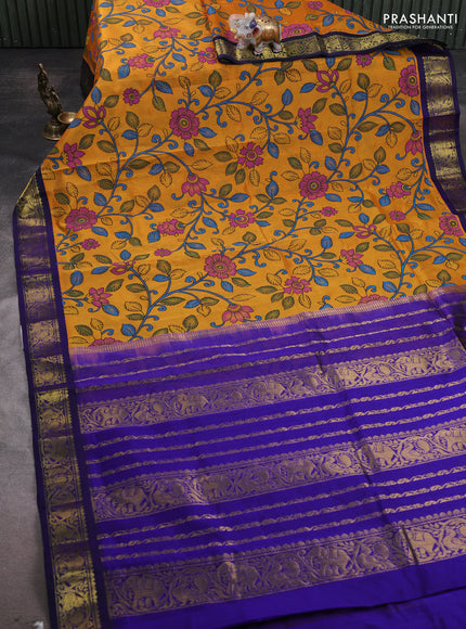 Silk cotton saree mango yellow and blue with allover kalamakri prints and zari woven korvai border