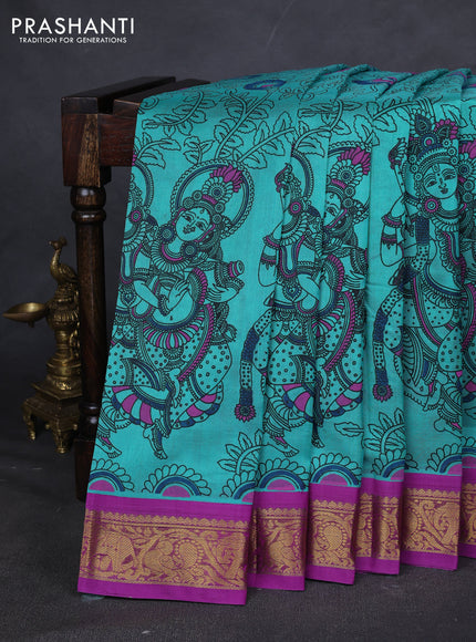 Silk cotton saree teal green and purple with allover kalamakri prints and zari woven korvai border