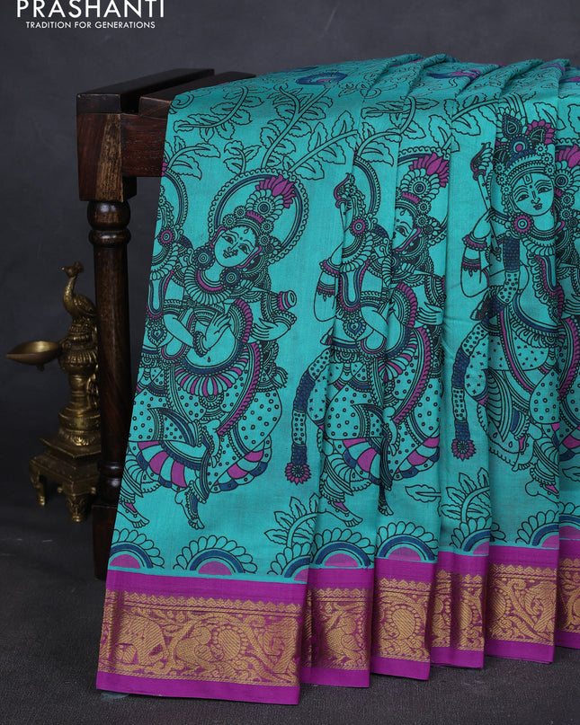 Silk cotton saree teal green and purple with allover kalamakri prints and zari woven korvai border