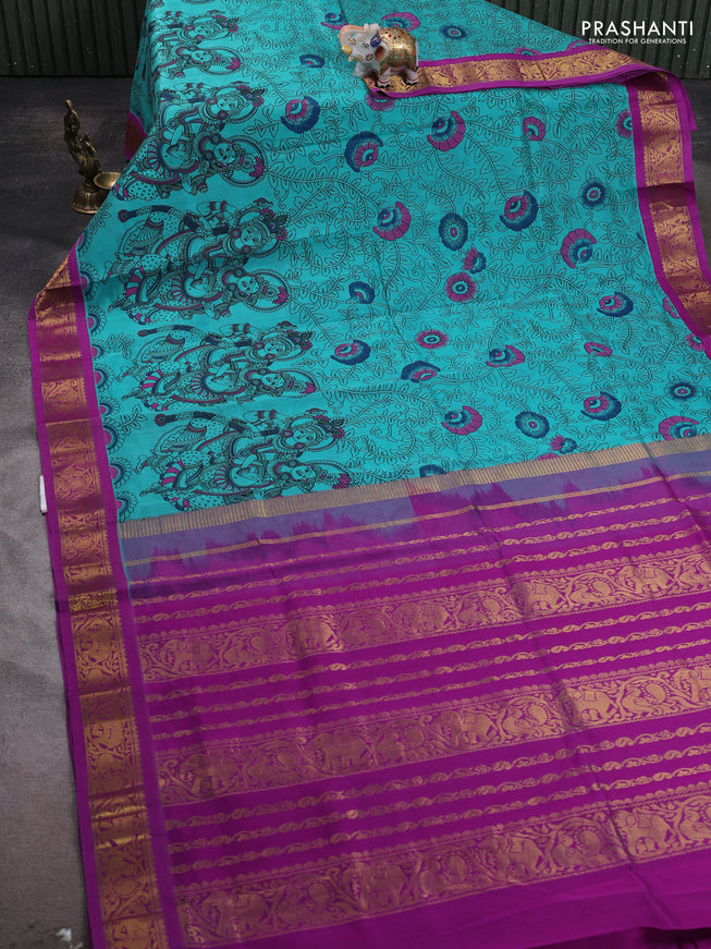 Silk cotton saree teal green and purple with allover kalamakri prints and zari woven korvai border