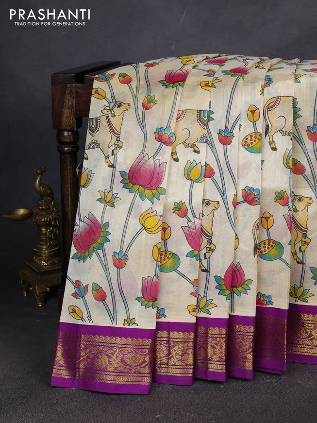 Silk cotton saree cream and purple with allover kalamakri prints and zari woven korvai border