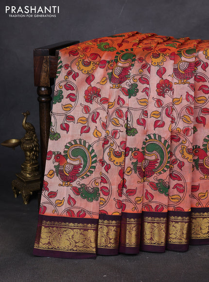 Silk cotton saree peach orange and deep wine with allover kalamakri prints and zari woven korvai border