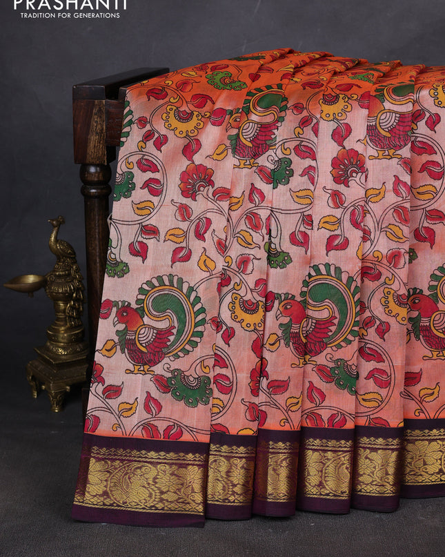 Silk cotton saree peach orange and deep wine with allover kalamakri prints and zari woven korvai border