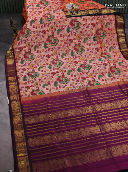 Silk cotton saree peach orange and deep wine with allover kalamakri prints and zari woven korvai border