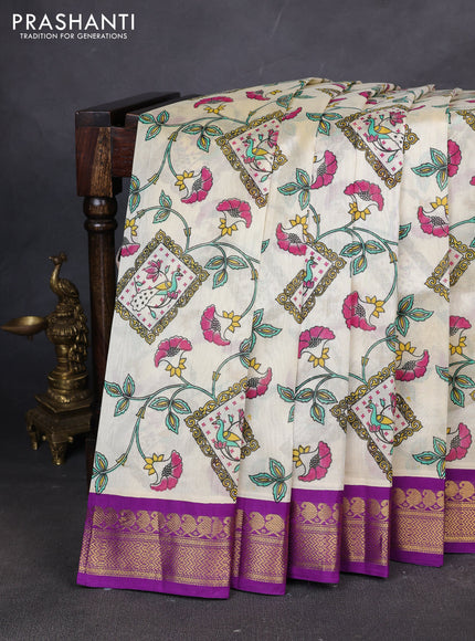 Silk cotton saree cream and purple with allover kalamakri prints and zari woven korvai border
