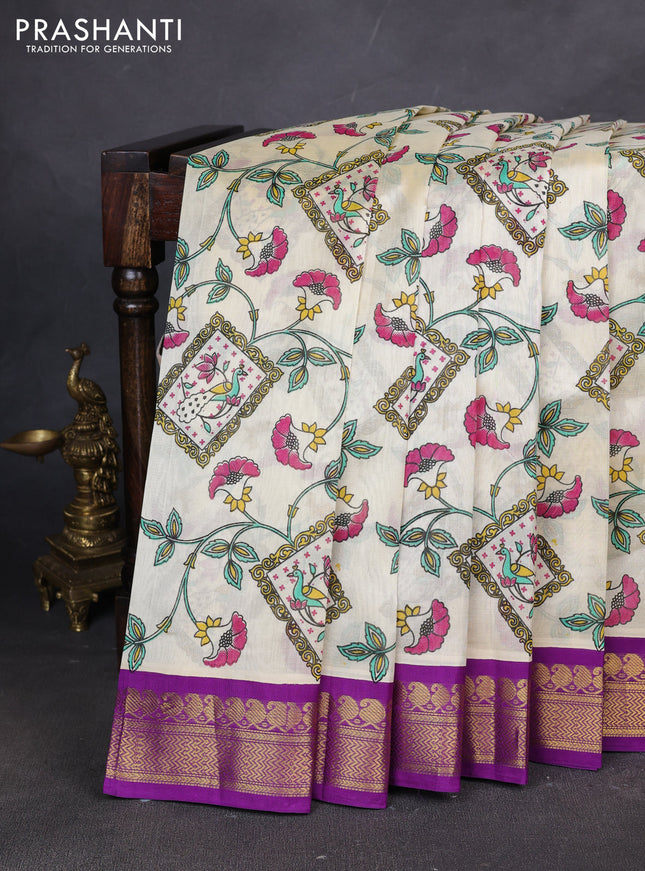 Silk cotton saree cream and purple with allover kalamakri prints and zari woven korvai border