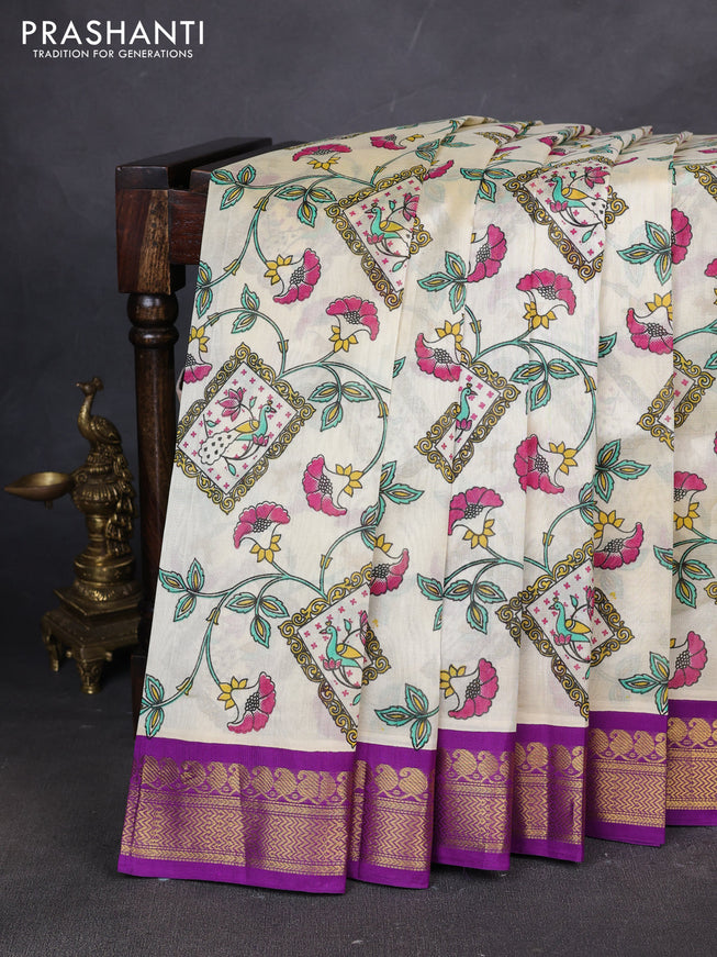 Silk cotton saree cream and purple with allover kalamakri prints and zari woven korvai border