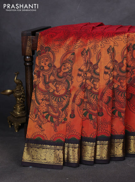 Silk cotton saree orange and maroon with allover kalamakri prints and zari woven korvai border
