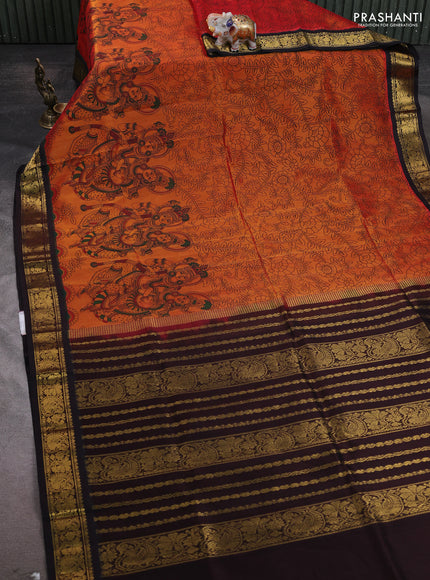 Silk cotton saree orange and maroon with allover kalamakri prints and zari woven korvai border