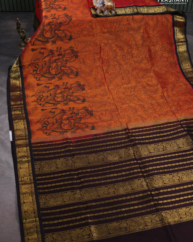 Silk cotton saree orange and maroon with allover kalamakri prints and zari woven korvai border