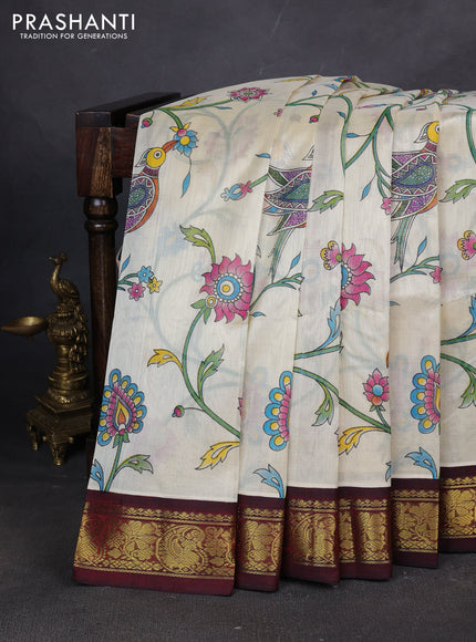 Silk cotton saree cream and maroon with allover kalamakri prints and zari woven korvai border
