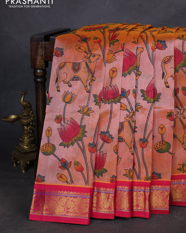 Silk cotton saree peach orange and pink with allover kalamakri prints and zari woven korvai border