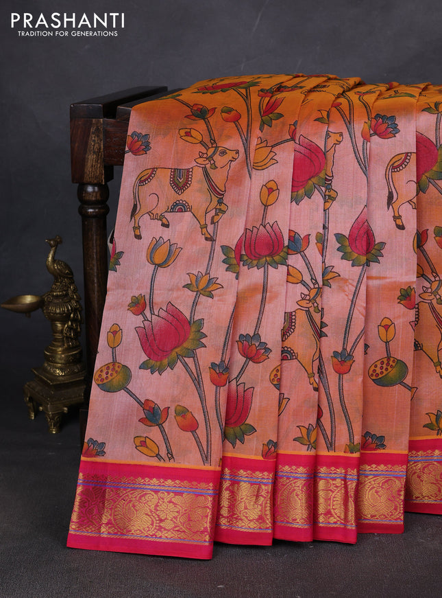 Silk cotton saree peach orange and pink with allover kalamakri prints and zari woven korvai border