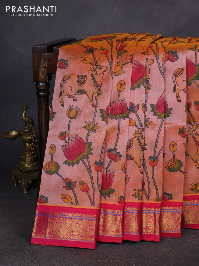 Silk cotton saree peach orange and pink with allover kalamakri prints and zari woven korvai border