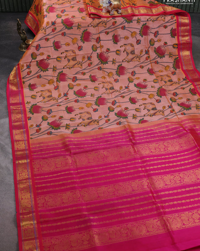 Silk cotton saree peach orange and pink with allover kalamakri prints and zari woven korvai border