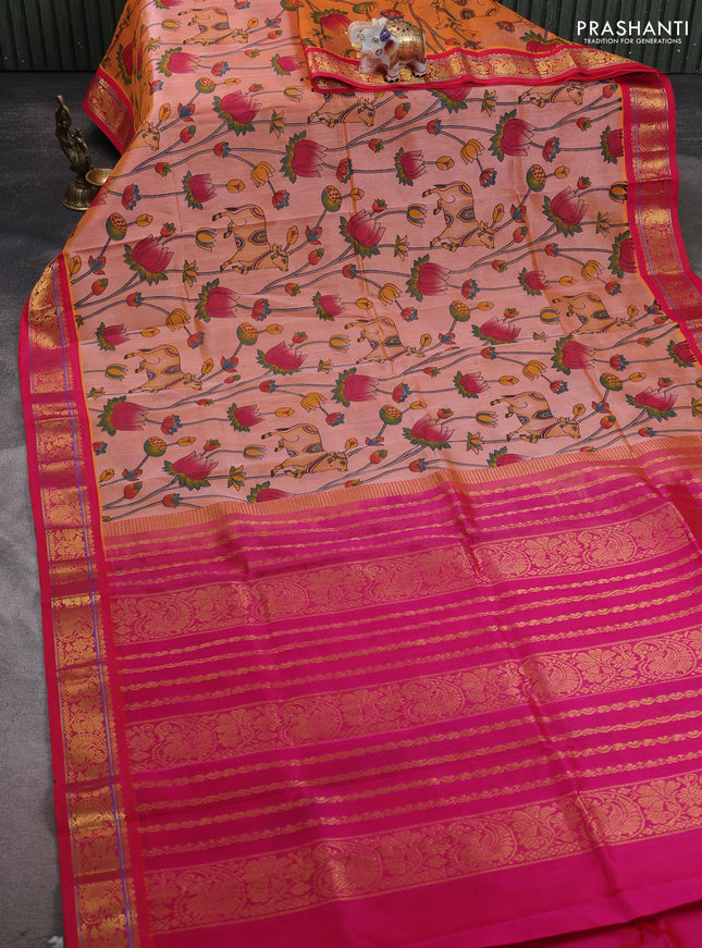 Silk cotton saree peach orange and pink with allover kalamakri prints and zari woven korvai border