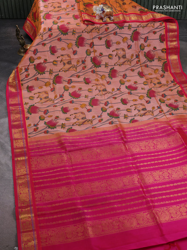 Silk cotton saree peach orange and pink with allover kalamakri prints and zari woven korvai border