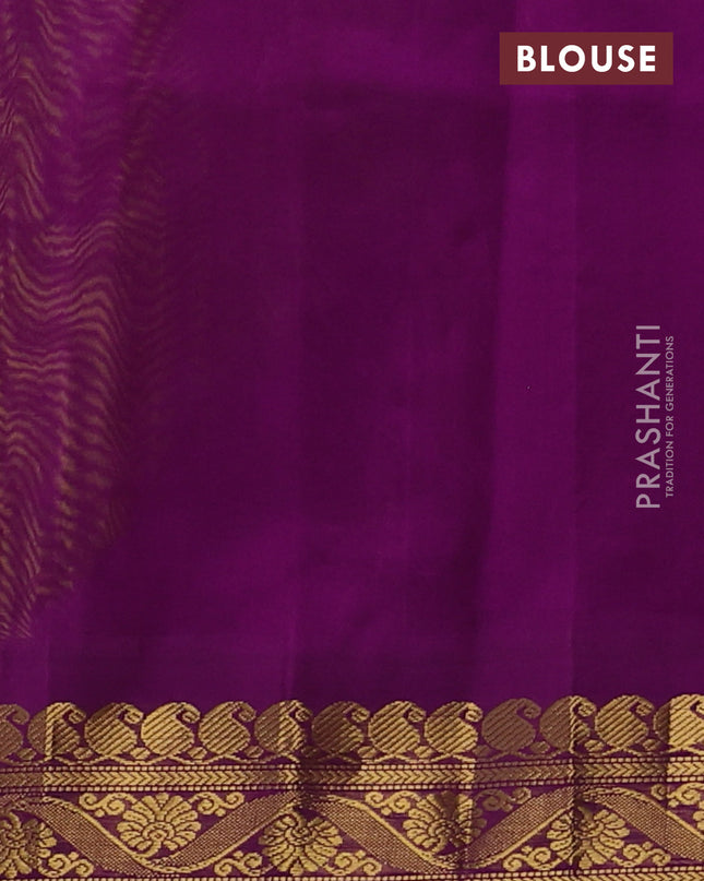 Silk cotton saree yellow and purple with allover kalamakri prints and zari woven korvai border