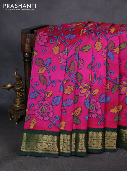 Silk cotton saree pink and green with allover kalamakri prints and zari woven korvai border