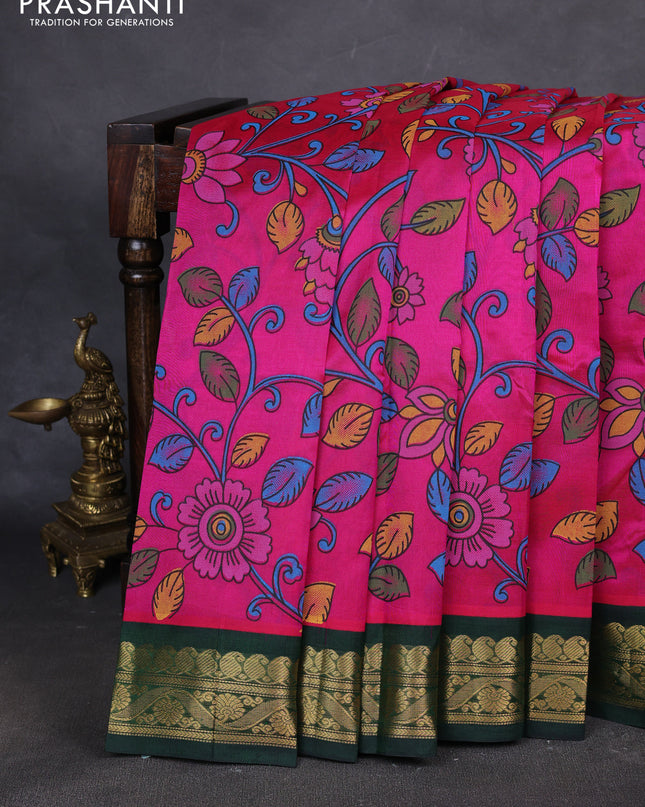 Silk cotton saree pink and green with allover kalamakri prints and zari woven korvai border