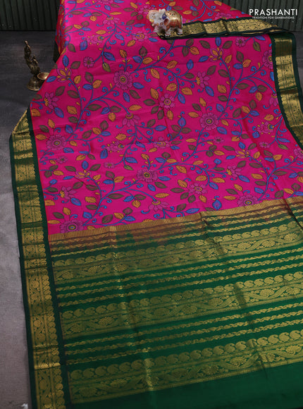 Silk cotton saree pink and green with allover kalamakri prints and zari woven korvai border